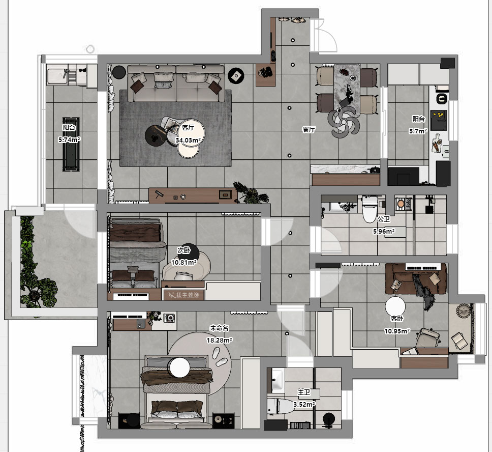 蔣琛｜江南明珠6-1-401-115㎡-現(xiàn)代簡(jiǎn)約風(fēng)格｜3室2廳2衛(wèi)｜老房裝修｜定制家｜全包13萬(wàn)｜00_03平面彩圖