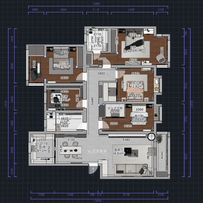 熊皓宇｜翠屏東南-180㎡-現(xiàn)代風(fēng)格｜5室2廳2衛(wèi)｜新房裝修｜定制家｜全包｜00_01平面彩圖
