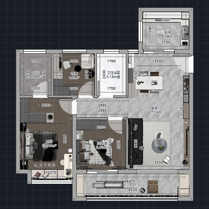 熊皓宇｜華發(fā)四季雅筑-120㎡-現(xiàn)代風格｜3室2廳2衛(wèi)｜精裝修改造｜00_01平面彩圖