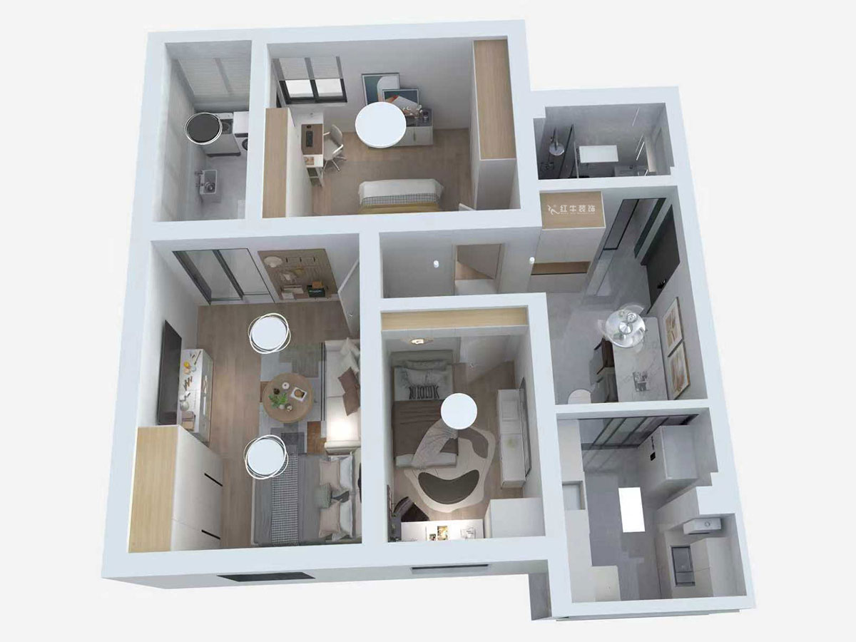 蔣?。少t街92號院9-301-68㎡-現(xiàn)代簡約風格｜3室1廳1衛(wèi)｜老房裝修｜定制家｜全包10萬｜00_04鳥瞰圖