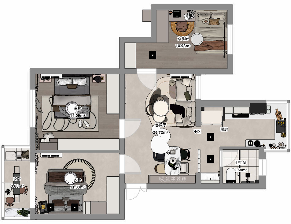 朱明琪｜明月新寓花園12-102-85㎡-現(xiàn)代簡約風格｜3室1廳1衛(wèi)｜老房改造｜定制家｜全包11萬｜00_03平面彩圖
