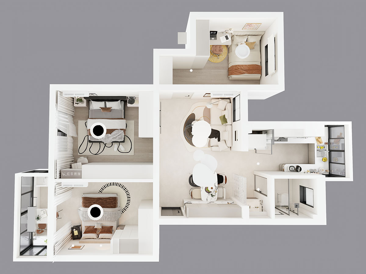 朱明琪｜明月新寓花園12-102-85㎡-現(xiàn)代簡約風格｜3室1廳1衛(wèi)｜老房改造｜定制家｜全包11萬｜00_04鳥瞰圖