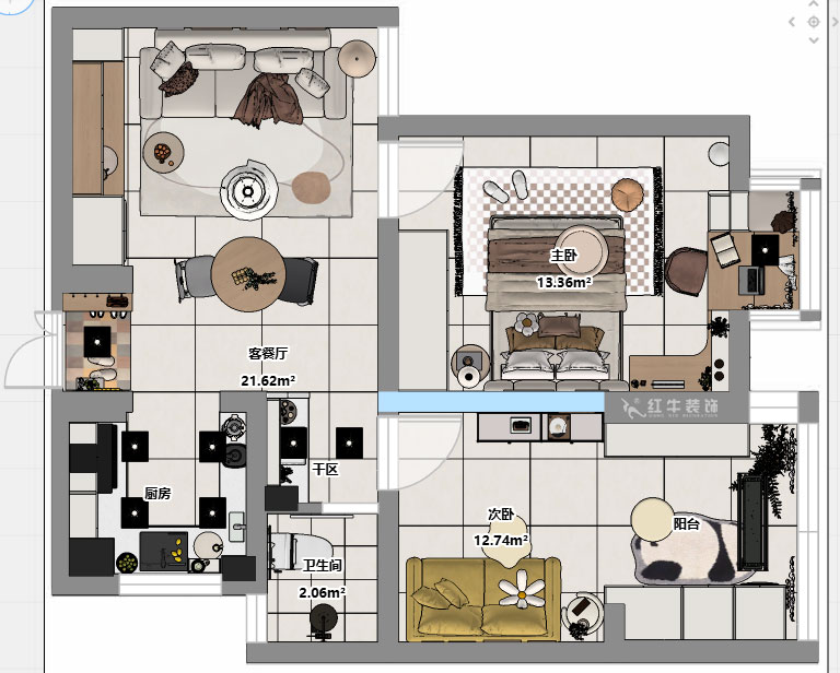朱明琪｜燕江新城山水苑10-2-1007-68㎡-簡約風格｜2室1廳1衛(wèi)｜老房裝修｜定制家｜全包8萬｜00_03平面彩圖